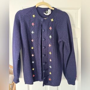 100% Wool Button-Down Dark Blue Women’s Cardigan Sweater Vintage